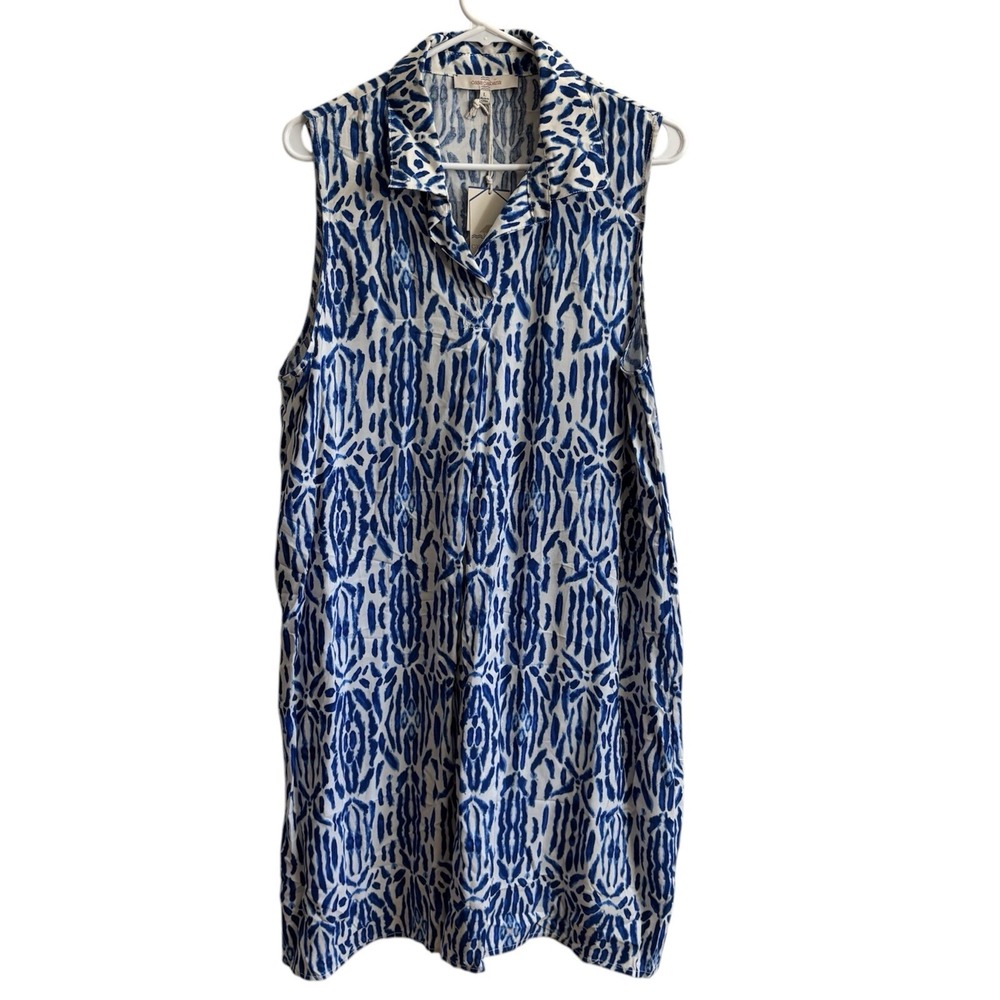 Casa Cabana Anna Blue‎ White Shift Dress L Sleeveless Collared Resort Beach